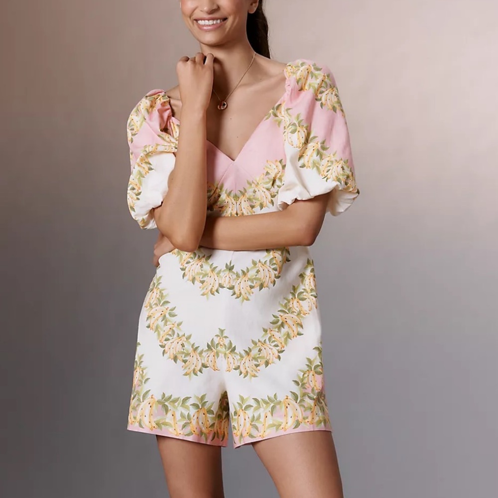 FARM Rio Pink & White Floral Puff-Sleeve Romper